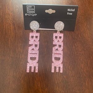 Edge Pink Glitter 'BRIDE' Earrings New in Package